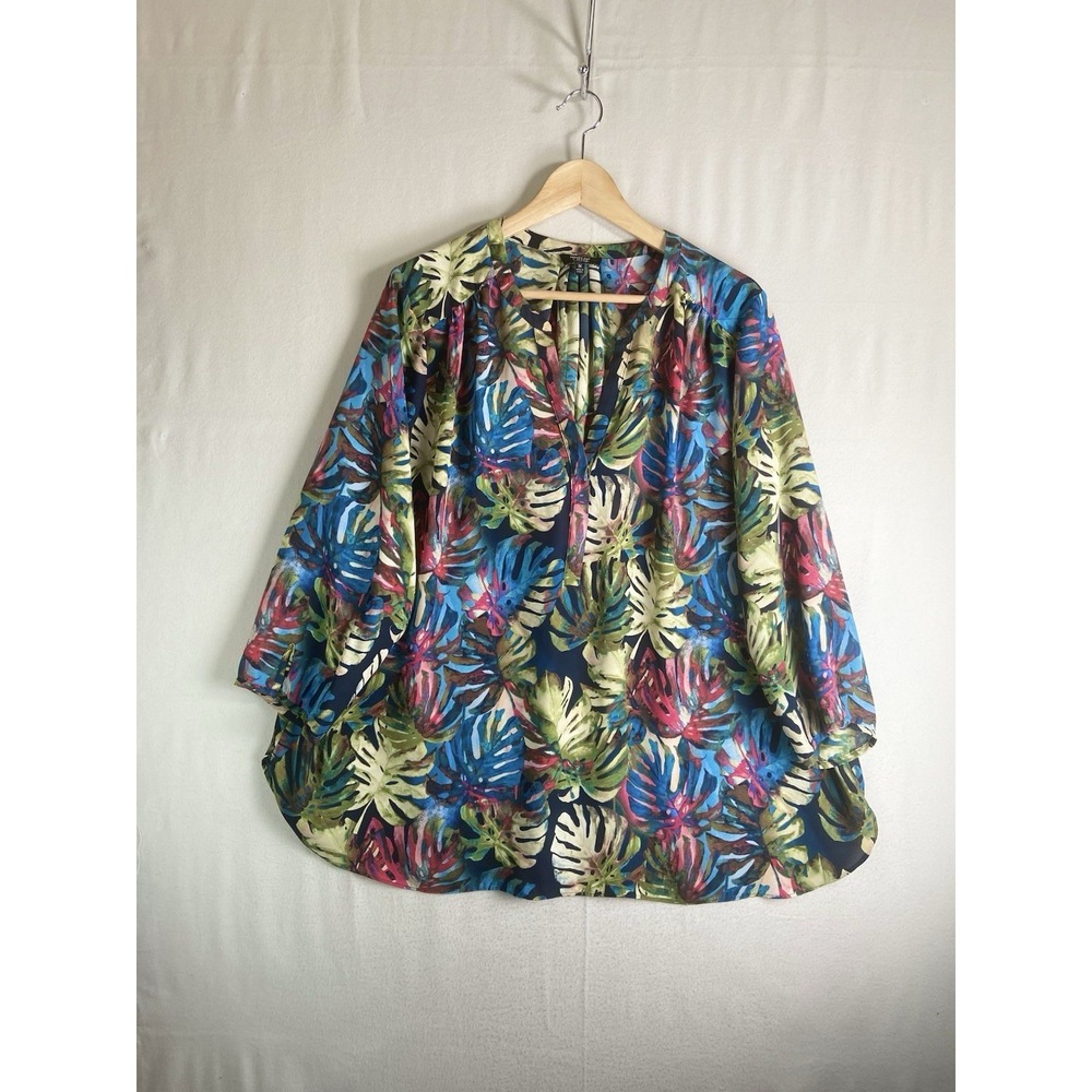 NYDJ Curves 360 Blouse Womens 1X Tropical Floral Leaf Print Flowy 3/4 Sleeve
